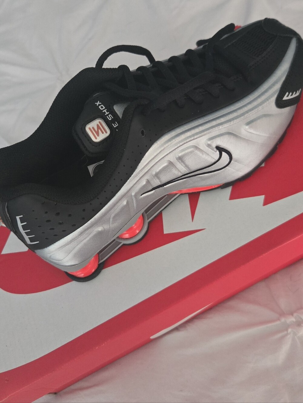 Nike Boys Shox R4 Running Sneaker - Black, Silver & Red